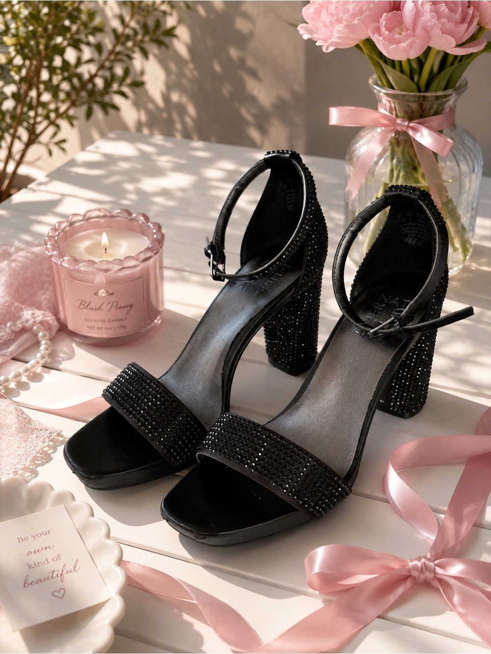 Naturalizer Black Rhinestone Block Heel Sandals | Size 6.5